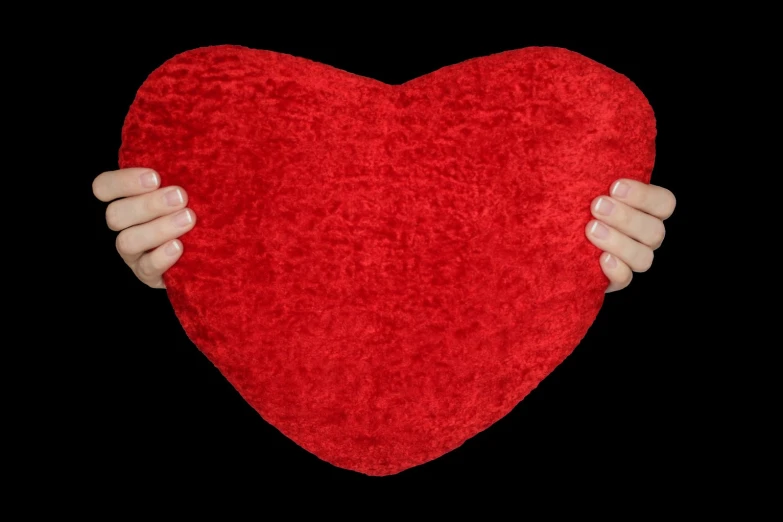 hand holding up a red heart cushion