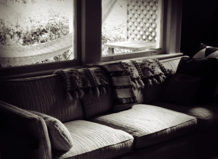 a sofa and windows are shown in a living room