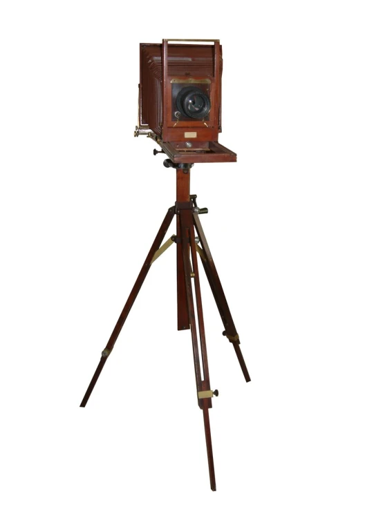 an old style camera sits on a tripod