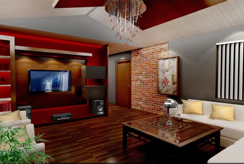 a well lit living room decorated with red accents