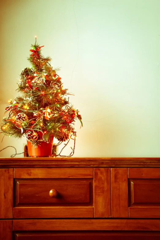 a small christmas tree sitting on top of a wooden dresser