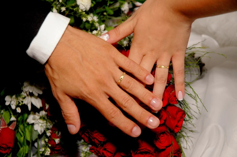 closeup of a bride and groom's wedding rings on their wedding bouquet