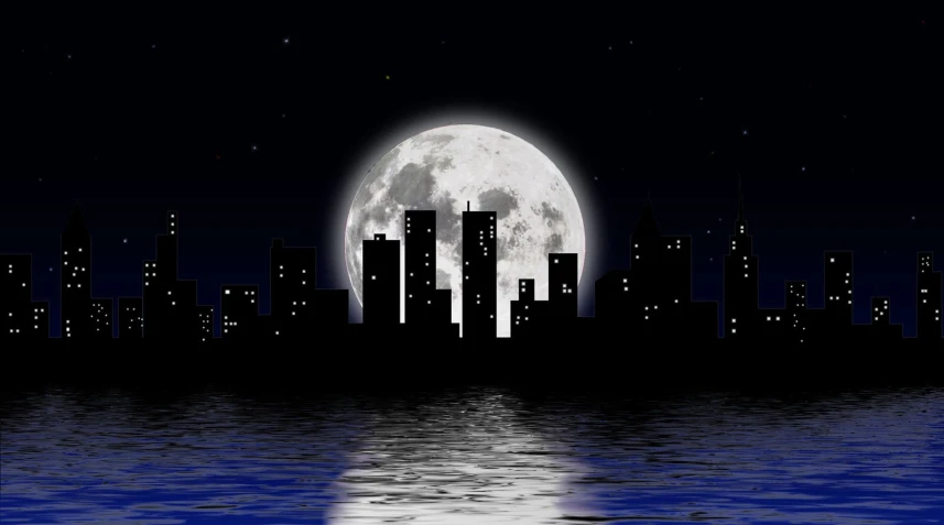 the moon shines above a city skyline reflected on a body of water