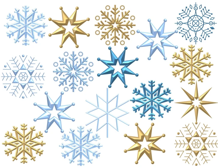 a large variety of snowflakes in blue and gold