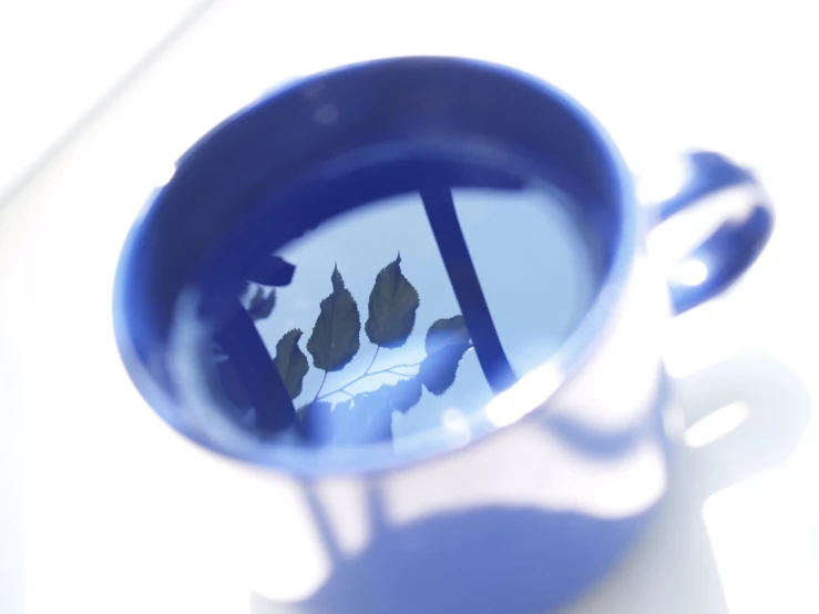 a blue mug with leaves sitting on top of it