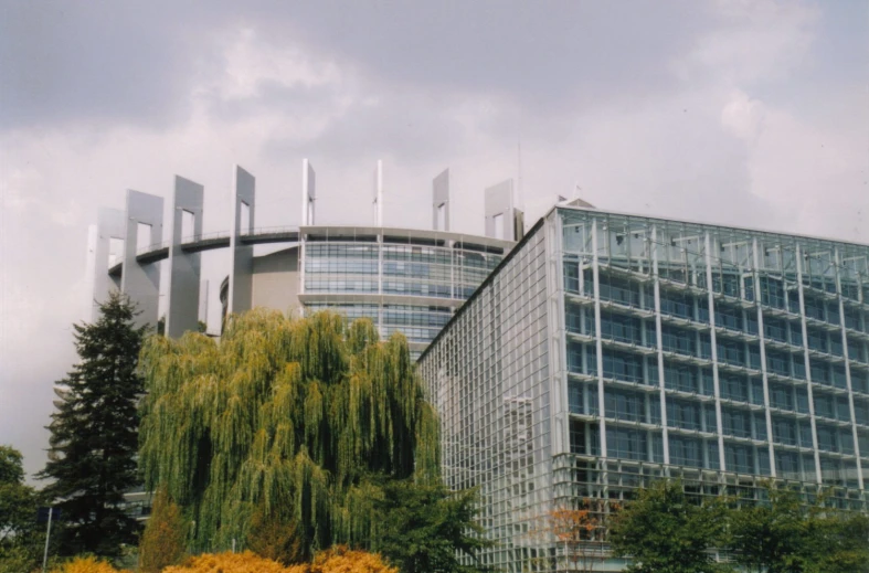 a large modern building is next to a tree