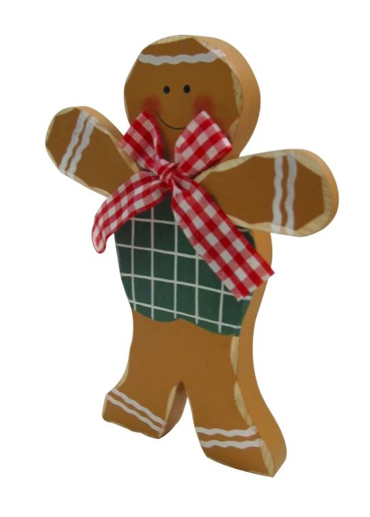 a gingerbread cut out of paper with a checkered bow on the front