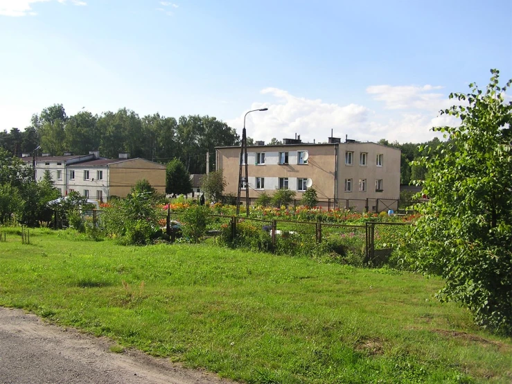 some buildings and a street near a green grass field