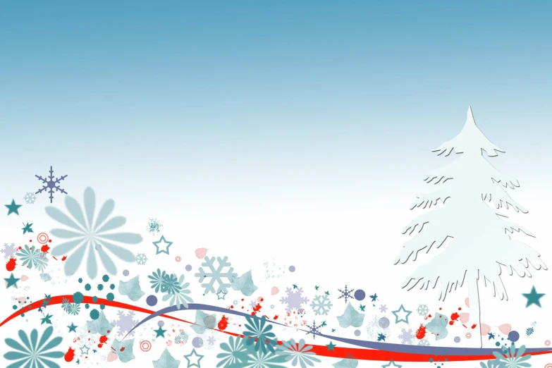 a snow flakes on a white and blue background with christmas trees