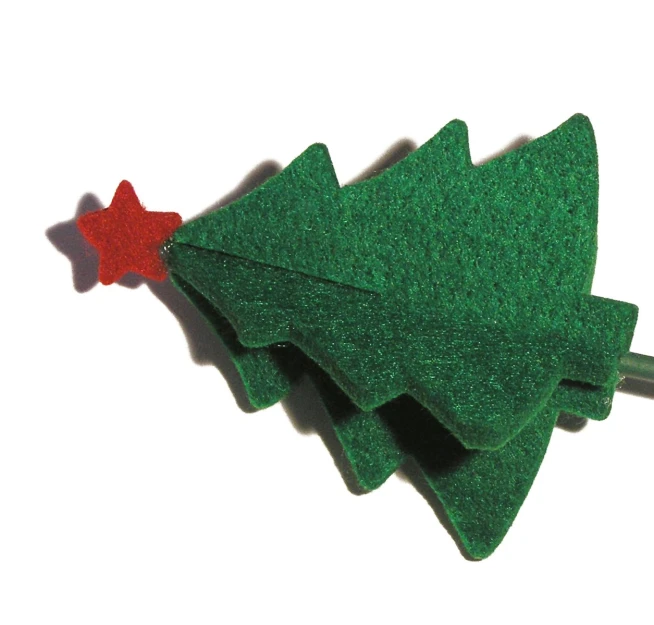 a green christmas tree with red star pins