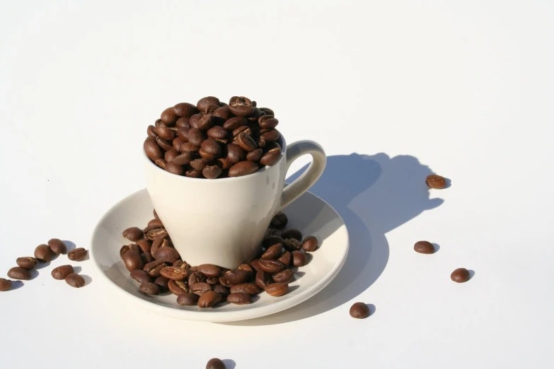 a white plate with a coffee cup filled with chocolate beans