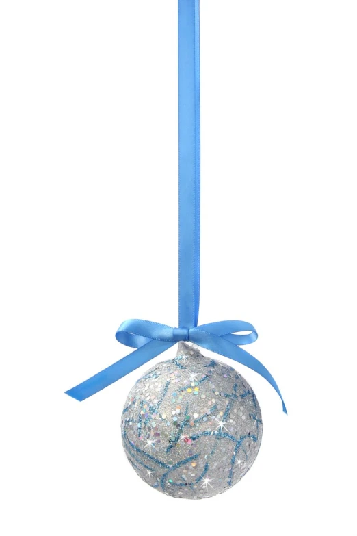 a silver ornament with blue ribbon hanging from the back