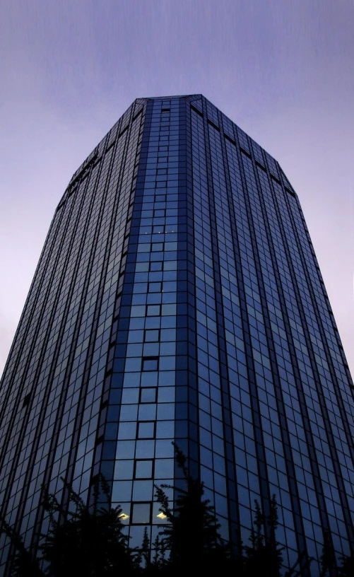 the view up at a large building with blue sky in the background