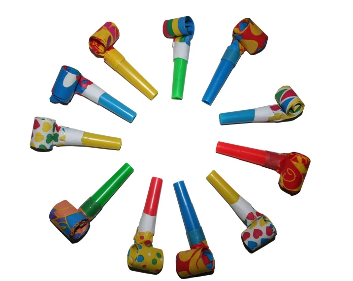 a circle of various colored plastic handles on a white background