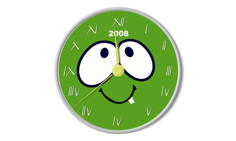 a green clock has an eye shaped face