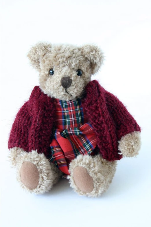 a teddy bear with a red sweater and a red plaid shirt on