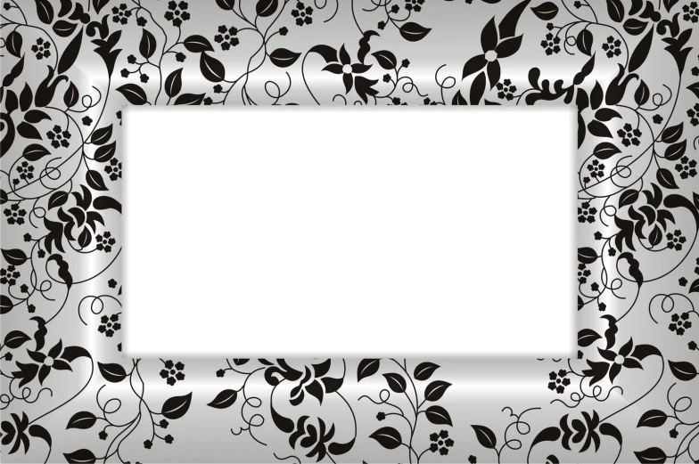 a black and white floral pattern with a square shaped white frame