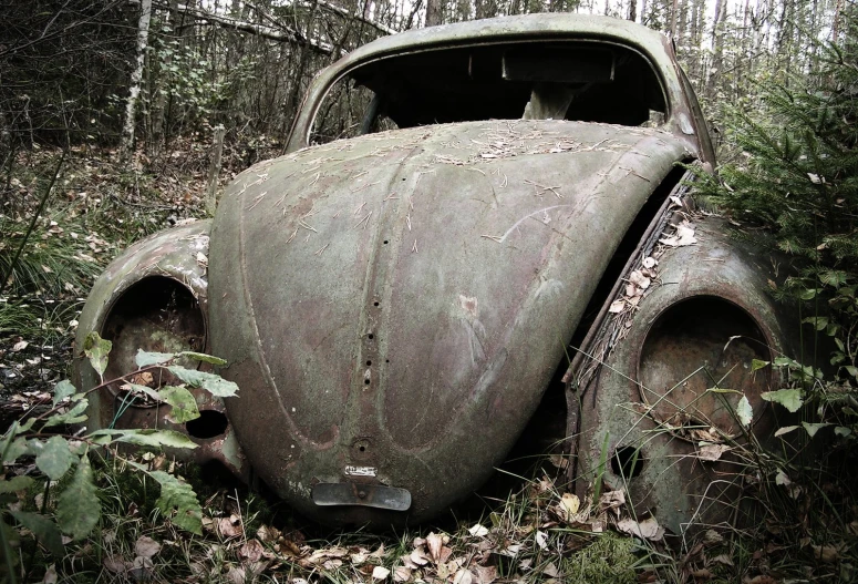 a very old, rusty car in the middle of a forest