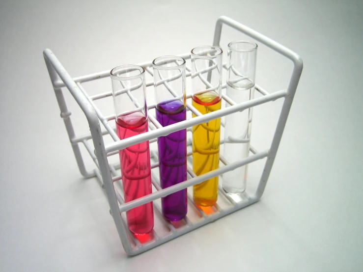 a rack holds four plastic tubes of colorful liquid