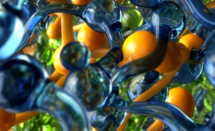 the background shows a mixture of glass balls and oranges