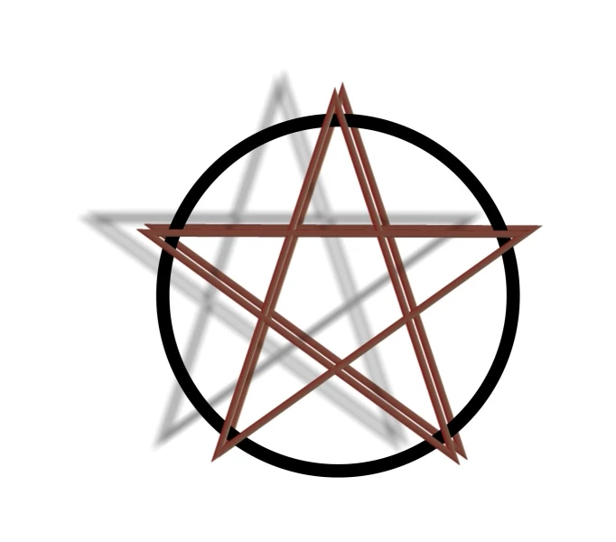 a pentagramus in a circle with red and black stripes