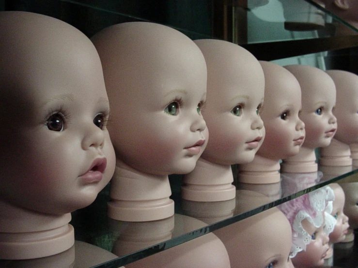 a line of porcelain heads in a shop window