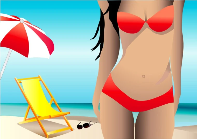 a woman wearing a red bikini is standing on the beach near an umbrella