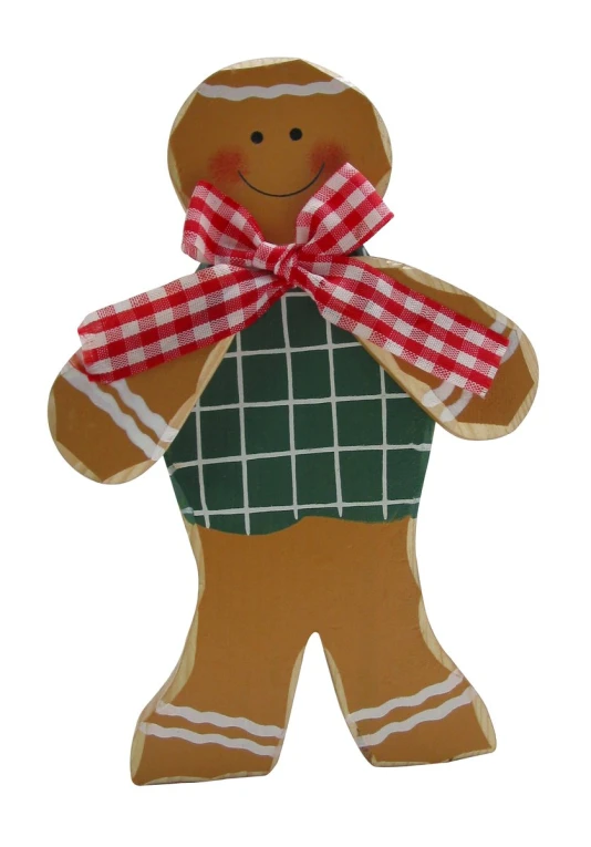 a gingerbread man with plaid bow hanging from it