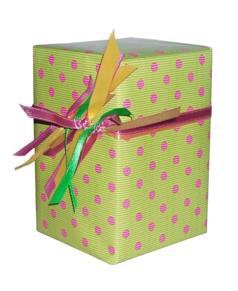 a large square present box with pink polka dots