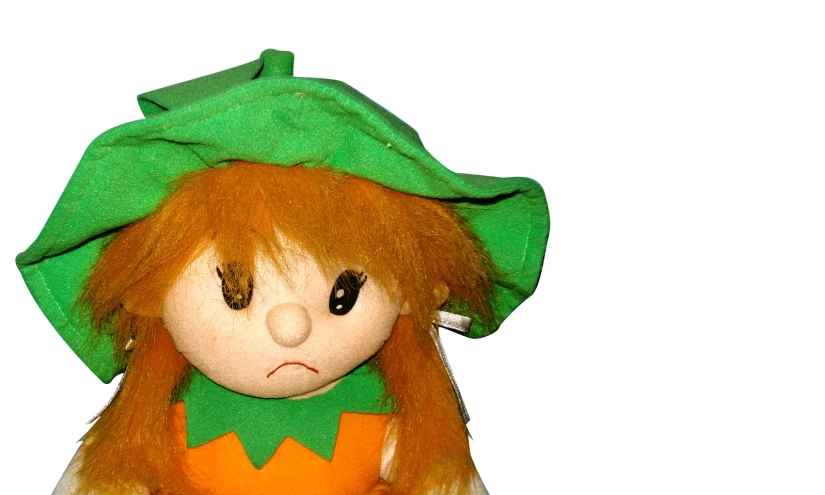 a stuffed animal with a very green hat on it's head