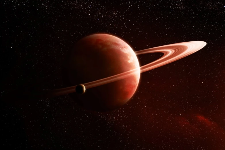 an artist's impression of an alien ship floating in space next to a giant red object