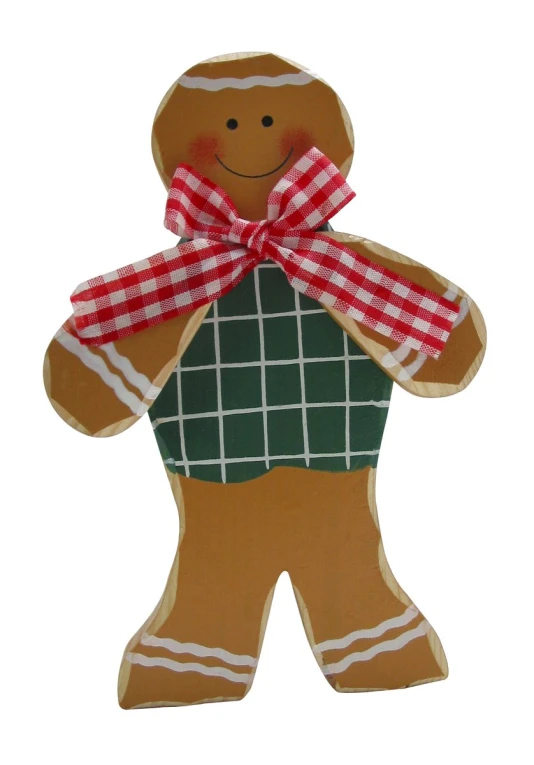 a gingerbread man on white background with red and green checkered bow