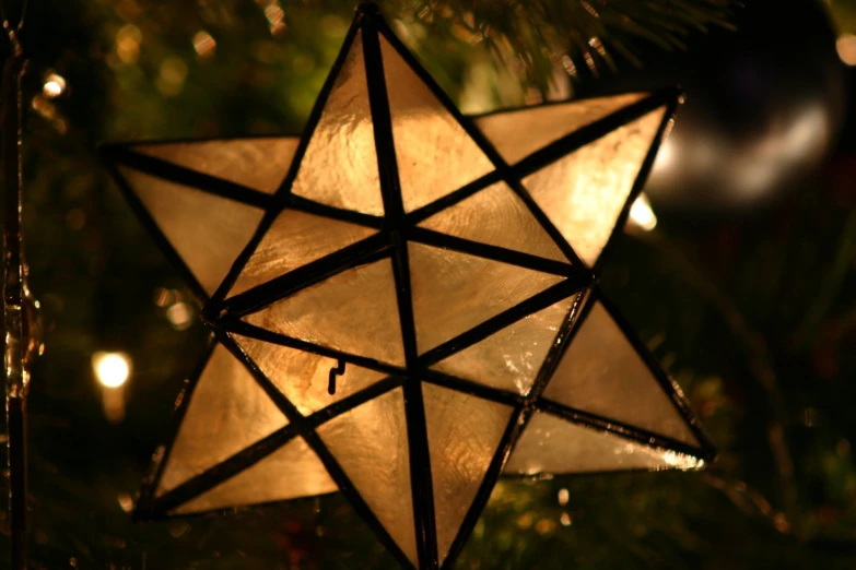 an ornament shaped like the star of david hanging on a christmas tree