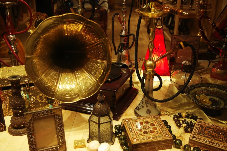 an assortment of decorative items on a table
