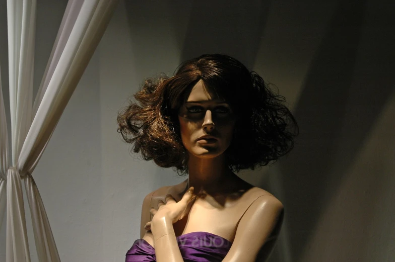 a mannequin with a purple and black dress is posed against a window