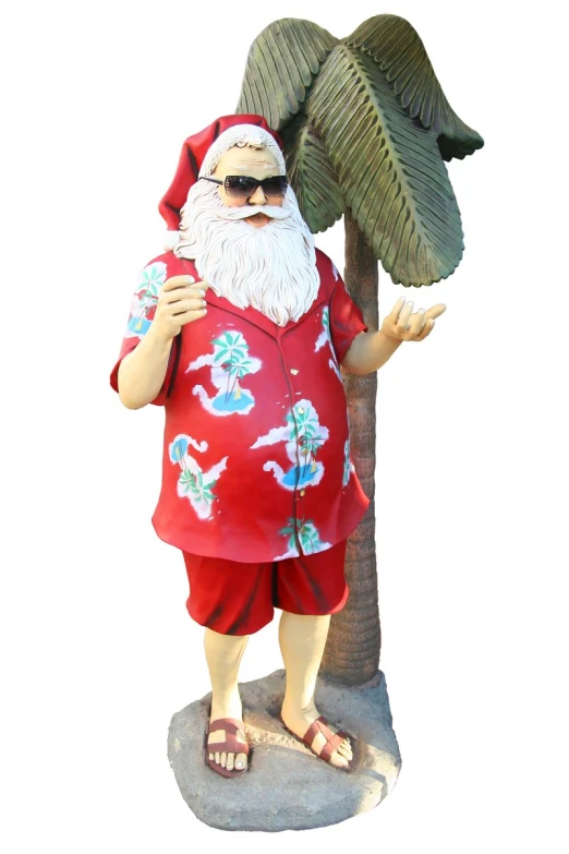 an old man statue that has a red hawaiian shirt and is leaning against a tree