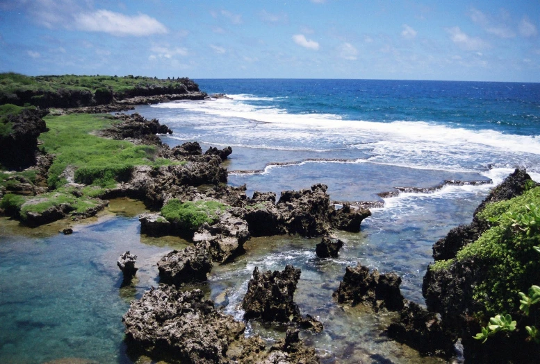 view over the ocean from the coast with a very high tide