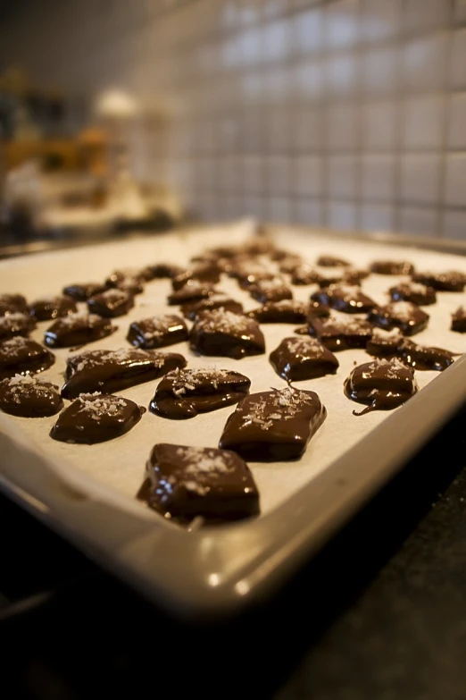 a tray of chocolate covered cookies sitting on top of a counter