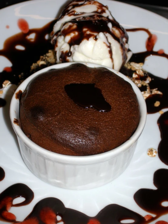 a chocolate cake on a plate with ice cream