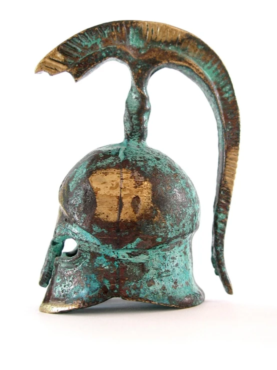 the ancient helmet is on display, and the object is very old