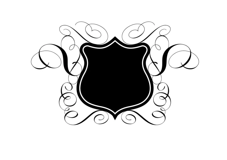 an abstract black and white illustration of a shield with swirls on it