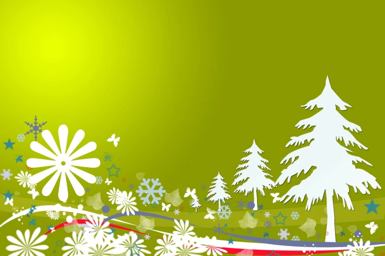 snowflakes, trees and stars on a green background