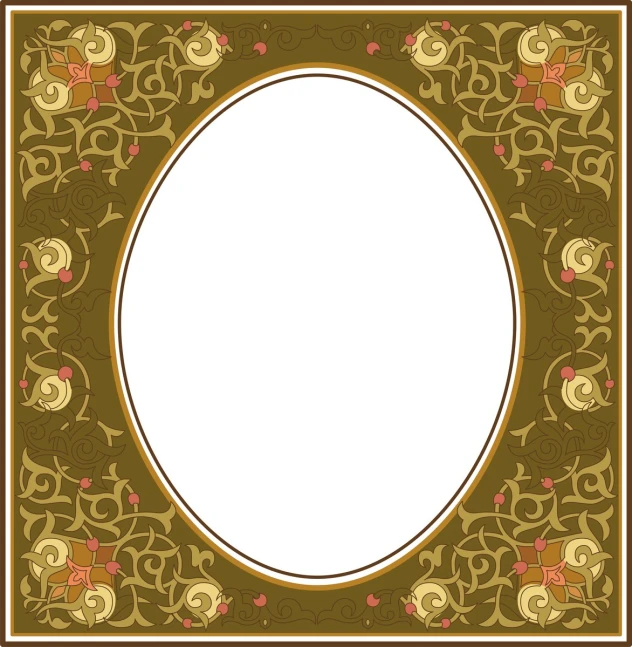 a decorative oval frame with flowers on an ornamental gold background