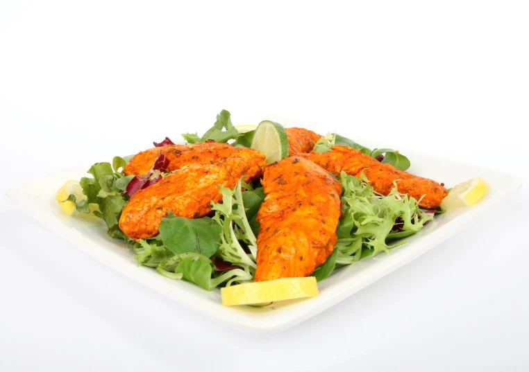 a plate with some salmon on a bed of green leaves