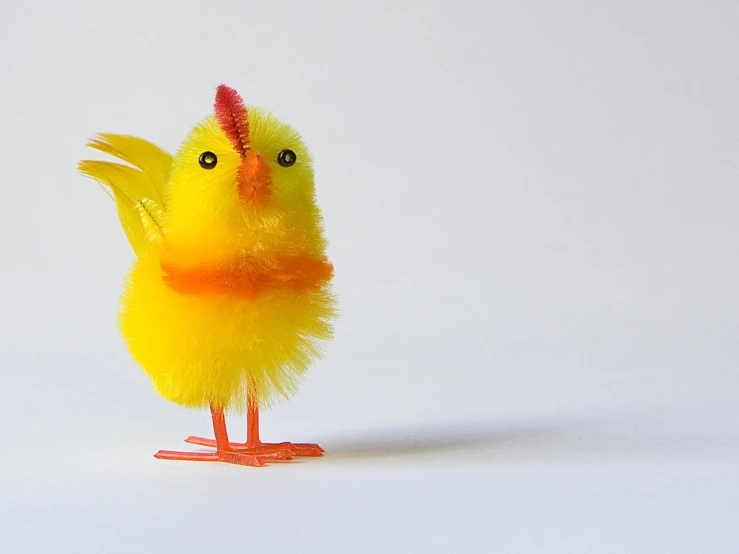 a little yellow bird is standing up on a white surface