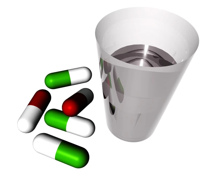 pills next to a cup of water on a white background
