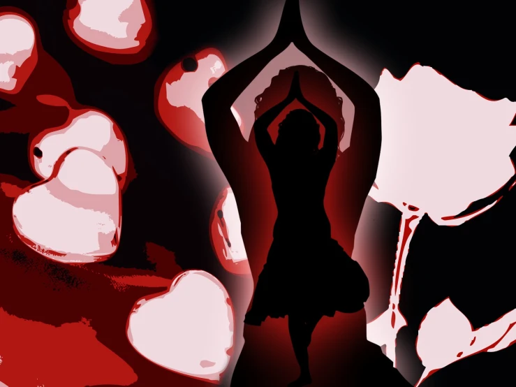 a black and red artwork with the body and silhouette of a woman