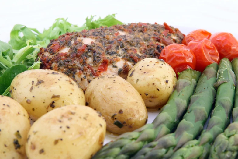 the asparagus, potatoes and broccoli are ready to be served