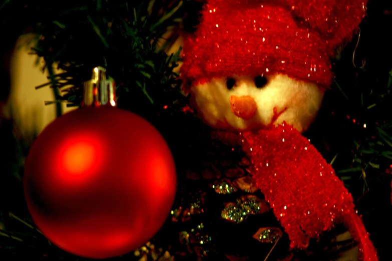 a teddy bear sits in a christmas tree next to a bauby