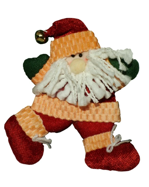 a stuffed animal is wearing an orange santa outfit